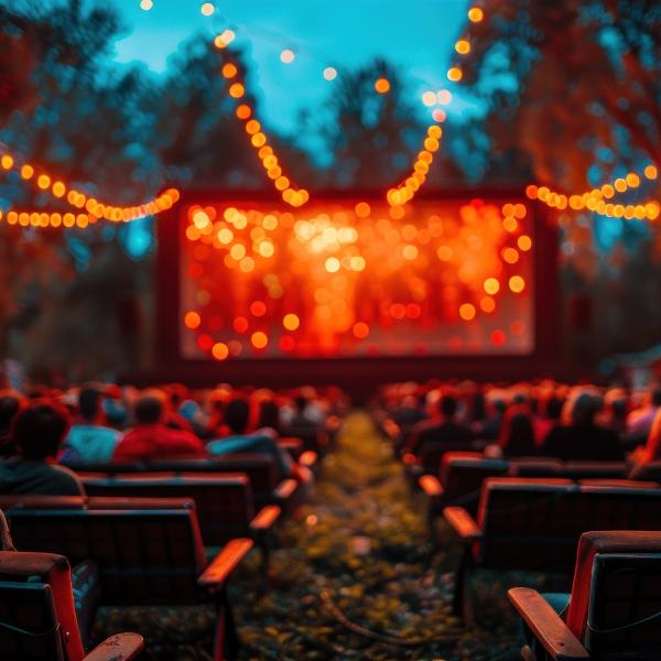 Ardèche Images : ressources documentaires, événements et images libres de droits Une projection de film en plein air en début de soirée.