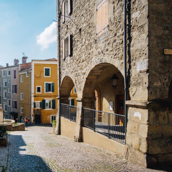 Vue d’une rue pavée du centre ancien d’Annonay en Ardèche, avec façades colorées, arcade en pierre et fontaine.
