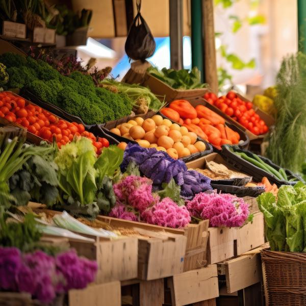 Marchés locaux dans le sud ardèche, stand exposant des produits frais de saison.
