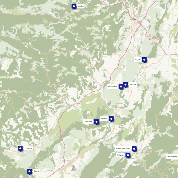Carte des villages en Ardèche : Vogüé, Balazuc, Ruoms, Labeaume, Les Vans, Vallon-Pont-d'Arc, etc.