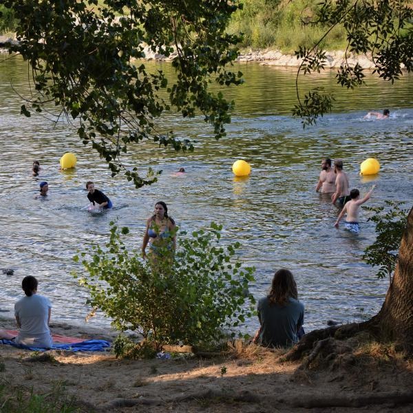 Vue sur la plage du lac avec des baigneurs et de la végétation