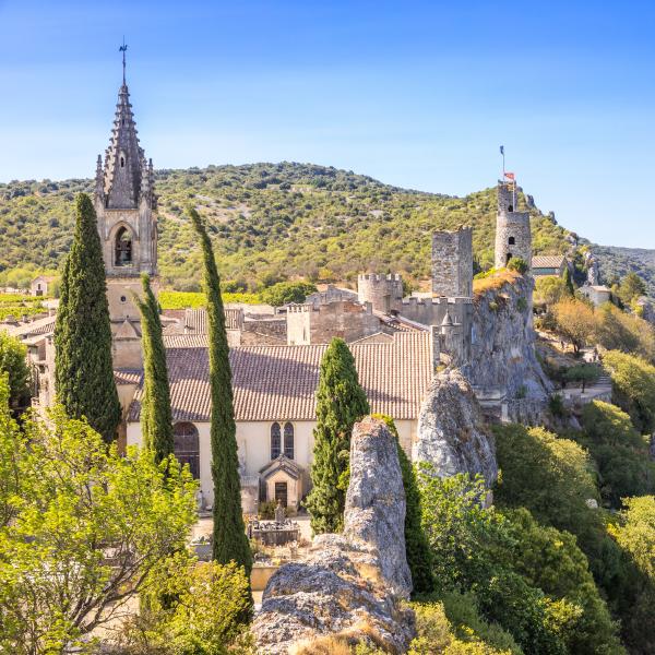 Vue pittoresque de Saint-Martin-d'Ardèche : rivière Ardèche et village aux Gorges de l'Ardèche.