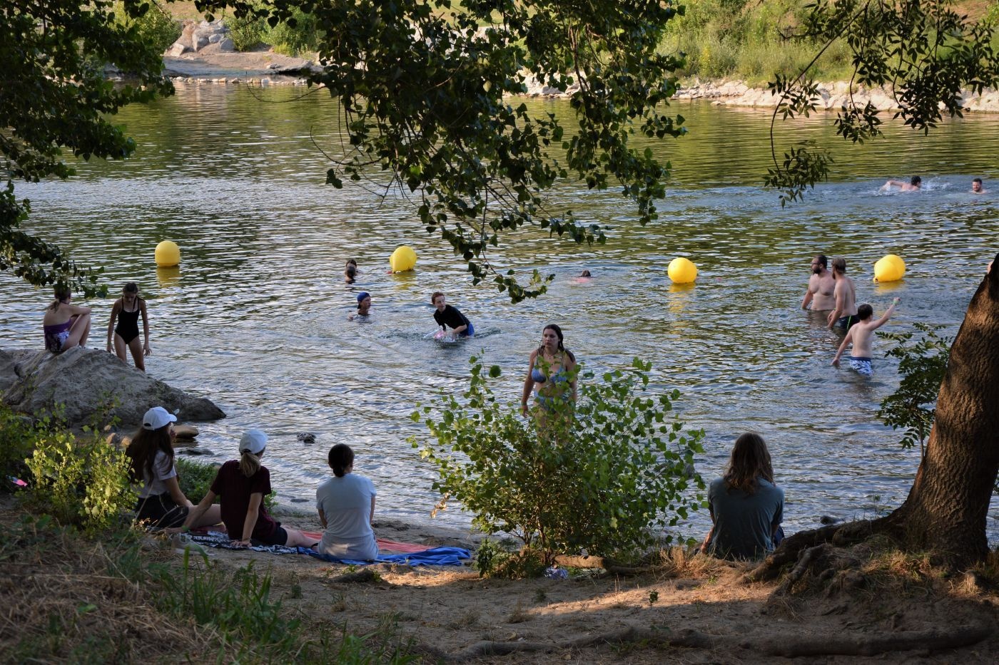 Vue sur la plage du lac avec des baigneurs et de la végétation