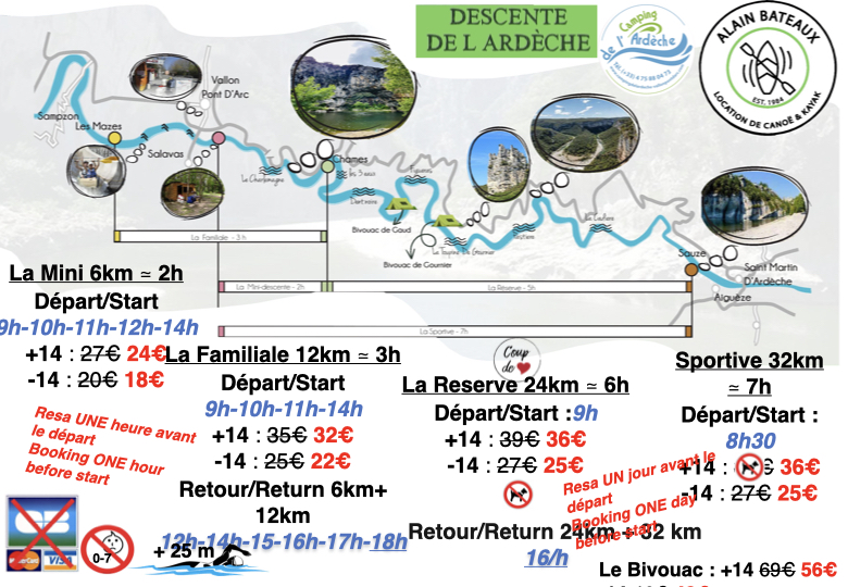 Preise 2026 für Kanufahrten auf der Ardèche